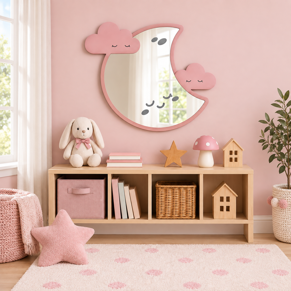 Specchio Luna con Nuvolette per Cameretta Bambini in Legno e Plexiglas – 48×43 cm