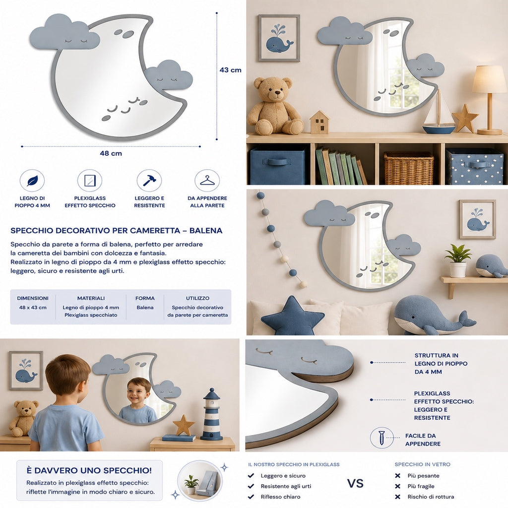 Specchio Luna con Nuvolette per Cameretta Bambini in Legno e Plexiglas – 48×43 cm
