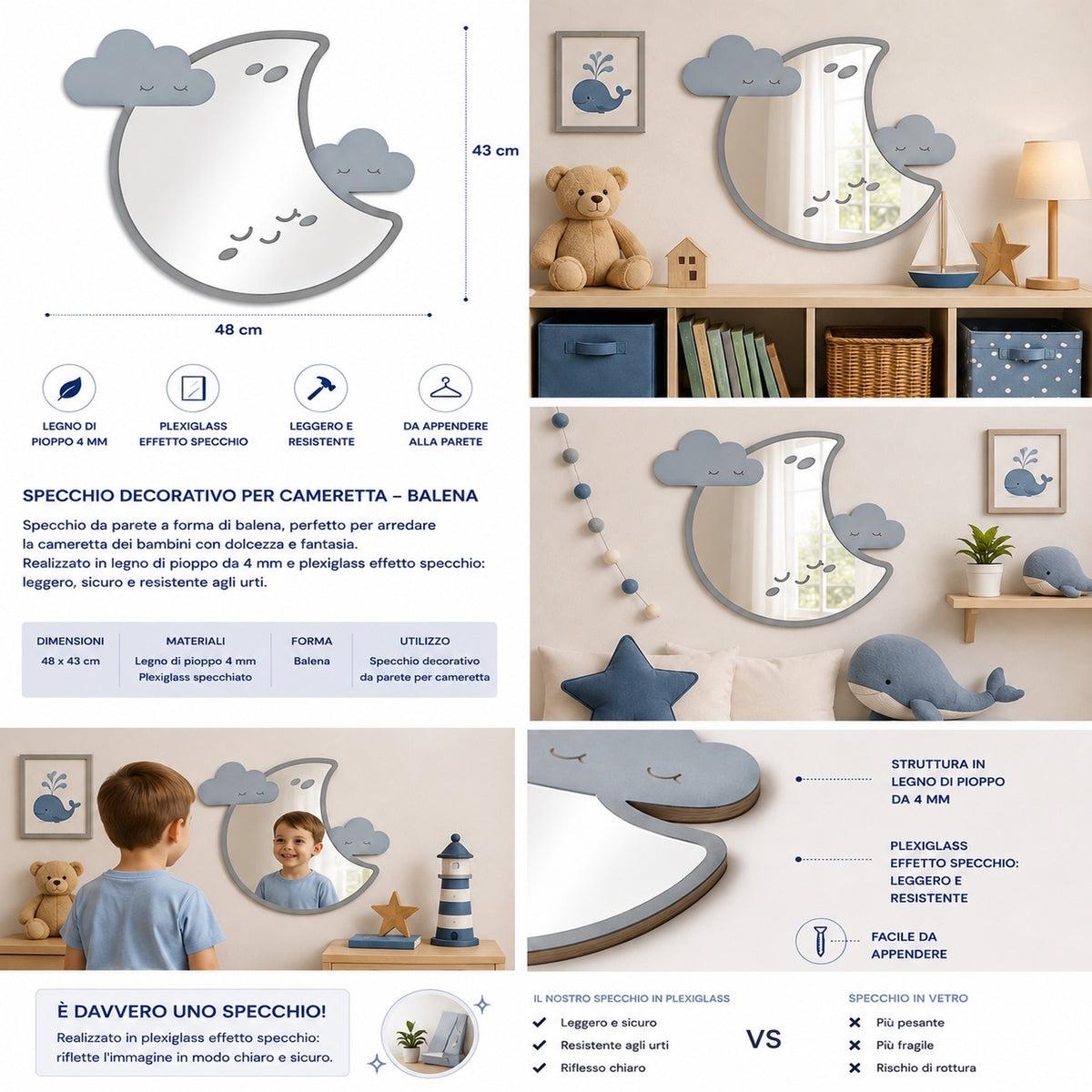 Specchio Luna con Nuvolette per Cameretta Bambini in Legno e Plexiglas – 48×43 cm