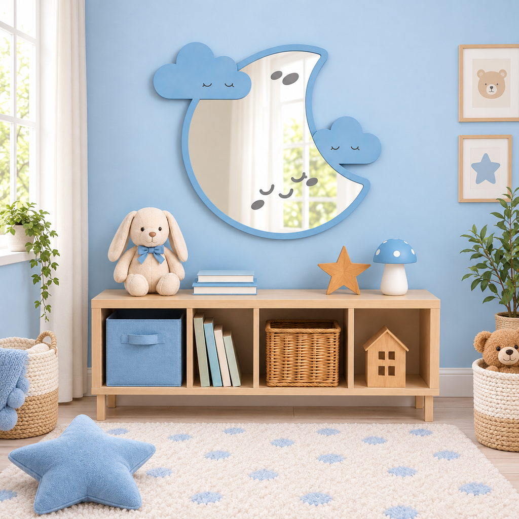 Specchio Luna con Nuvolette per Cameretta Bambini in Legno e Plexiglas – 48×43 cm