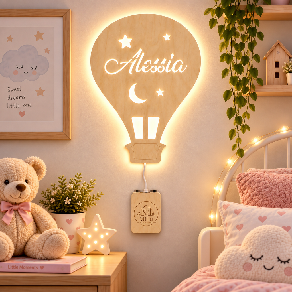 Lampada Mongolfiera personalizzata in legno alimentata a batterie