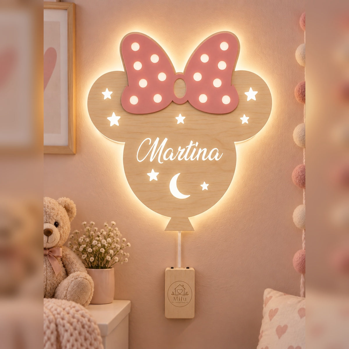 Lampada Minnie personalizzata in legno alimentato a batterie