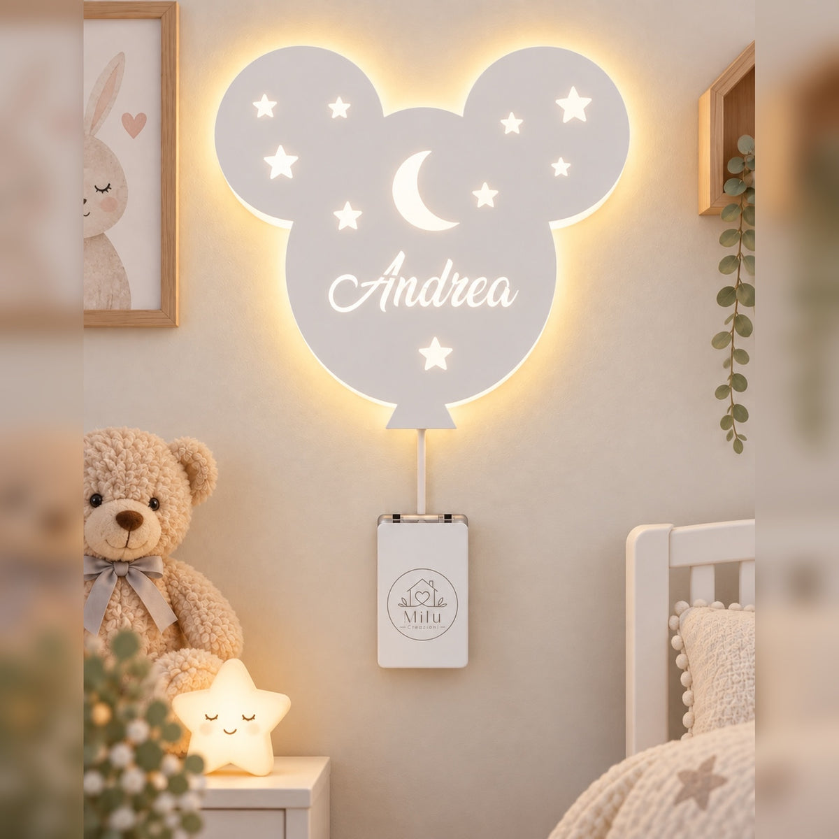 Lampada Topolino personalizzata in legno alimentato a batterie