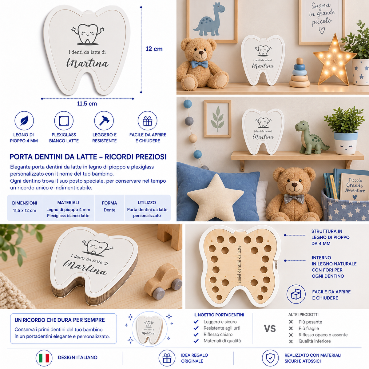 Portadentini da Latte Personalizzato in Legno con Nome – 11,5 × 12 cm