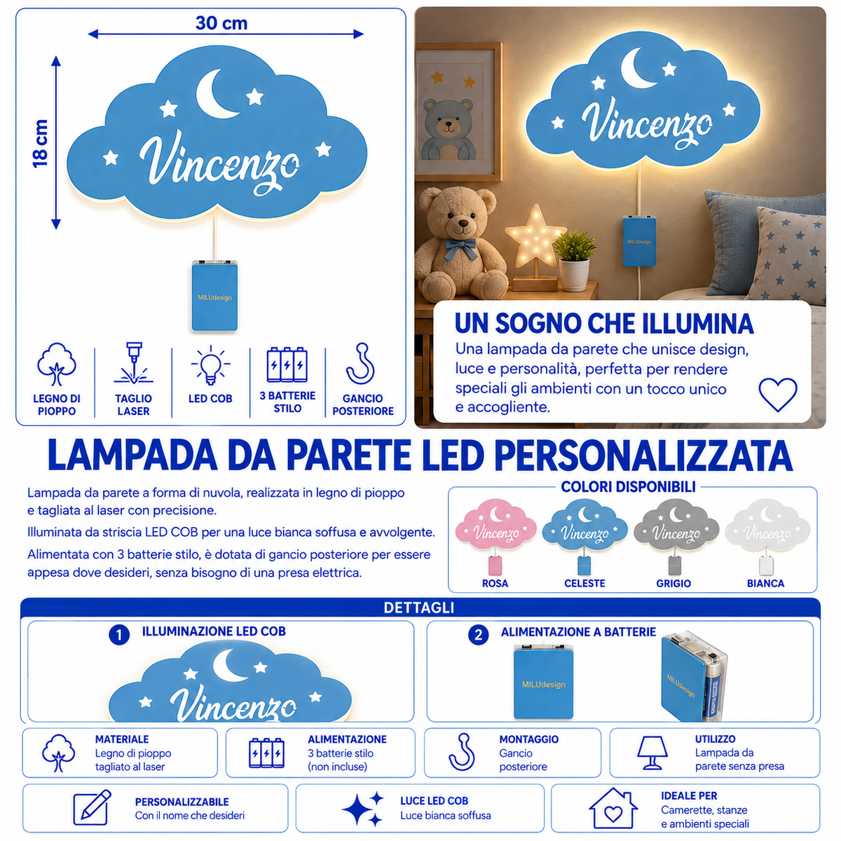 Lampada Nuvola LED COB Personalizzata con Nome – 30×18 cm