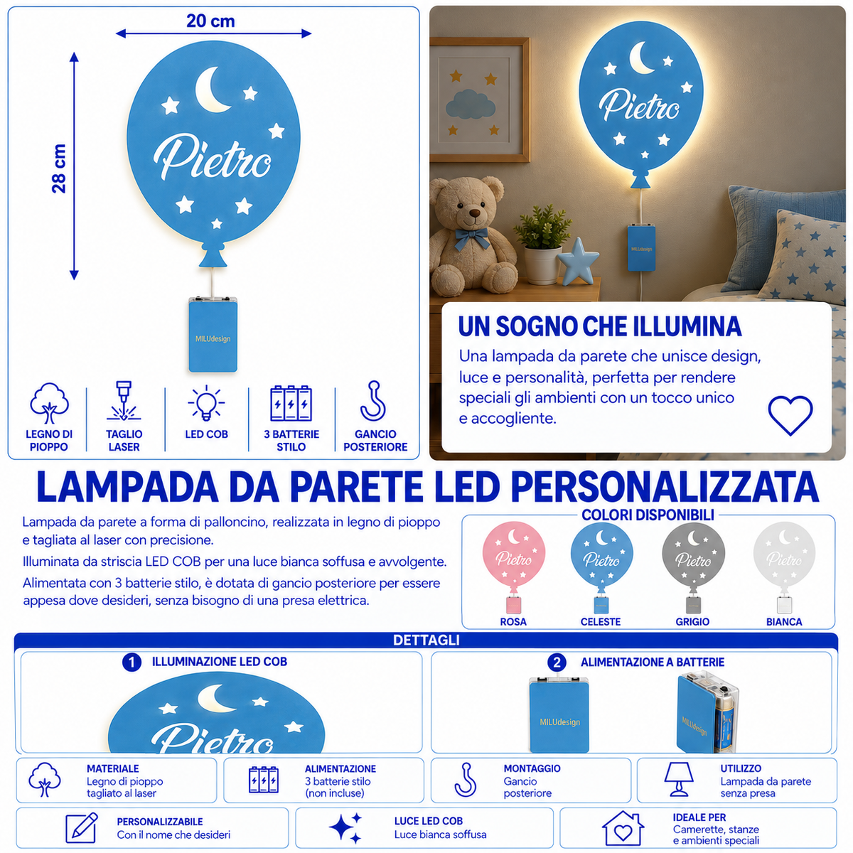 Lampada Palloncino LED COB Personalizzata con Nome – 28×20 cm