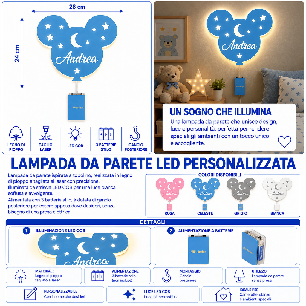 Lampada Topolino LED COB Personalizzata con Nome in Legno – 28×24 cm