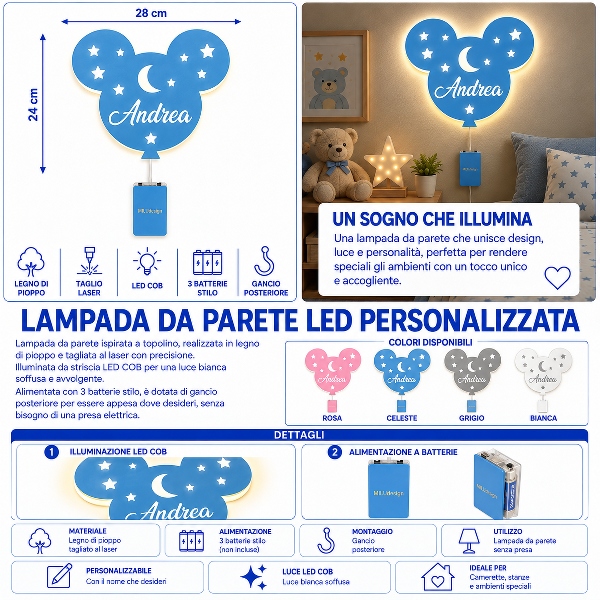 Lampada Topolino LED COB Personalizzata con Nome in Legno – 28×24 cm