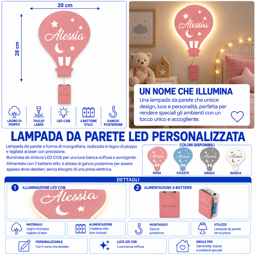 Lampada Mongolfiera LED COB Personalizzata con Nome – 28×20 cm