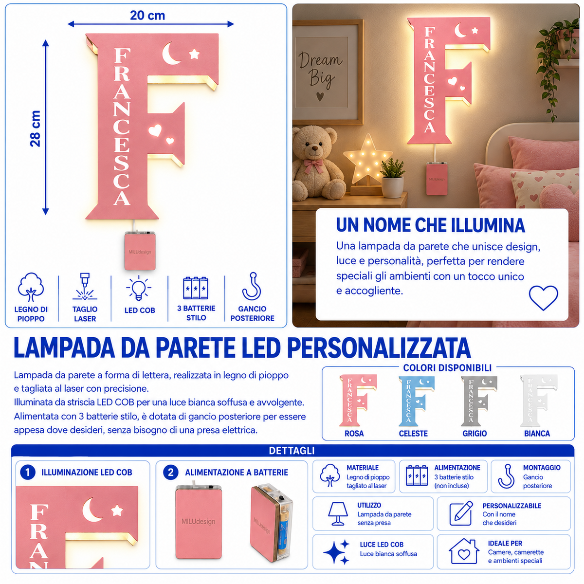 Lampada Lettera LED COB Personalizzata con Nome – 20×30 cm