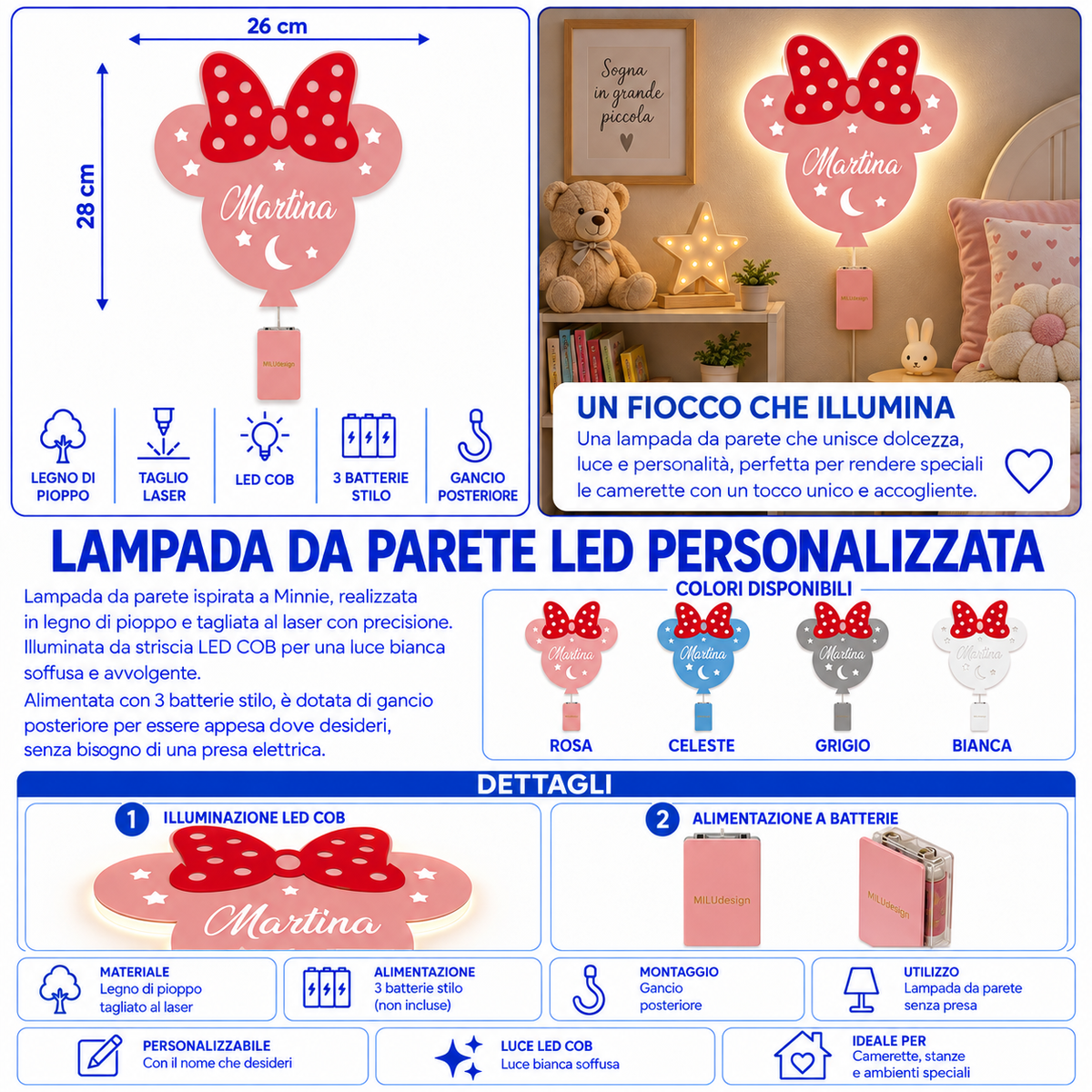 Lampada Minnie LED COB Personalizzata con Nome – 26×28 cm