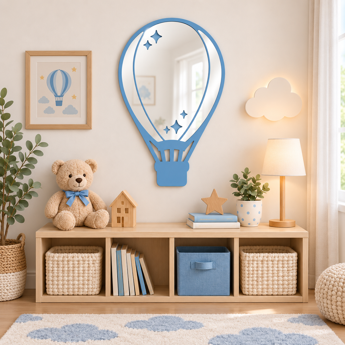 Specchio Mongolfiera per Cameretta Bambini in Legno e Plexiglass – 38×50 cm