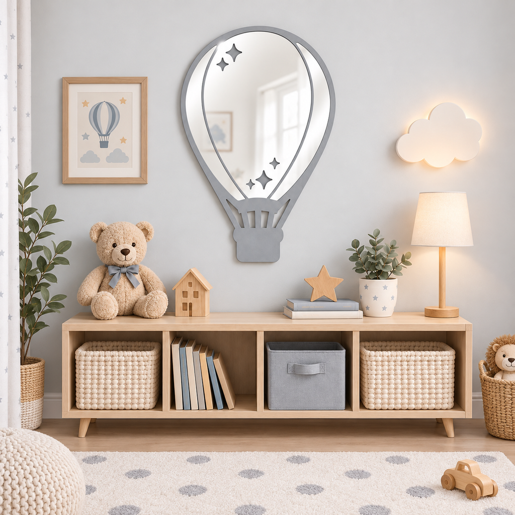 Specchio Mongolfiera per Cameretta Bambini in Legno e Plexiglass – 38×50 cm