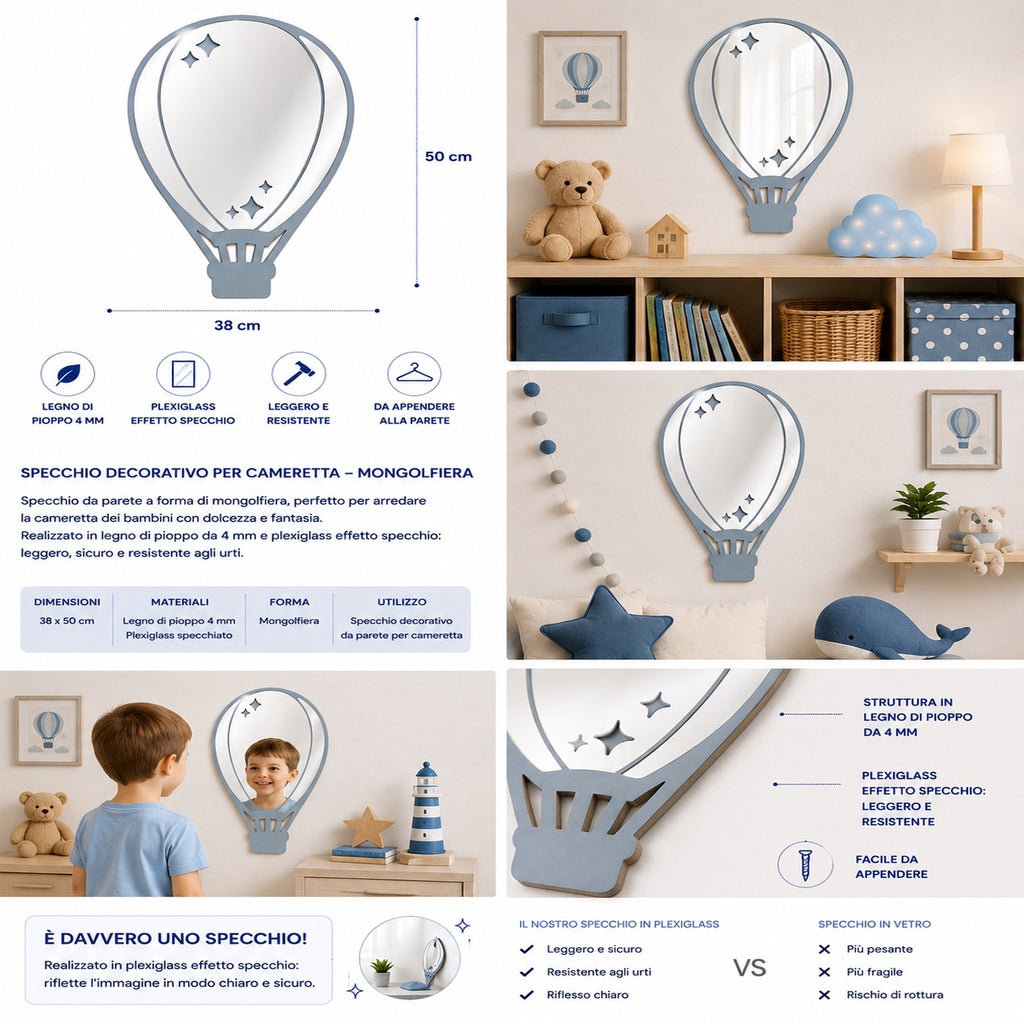 Specchio Mongolfiera per Cameretta Bambini in Legno e Plexiglass – 38×50 cm