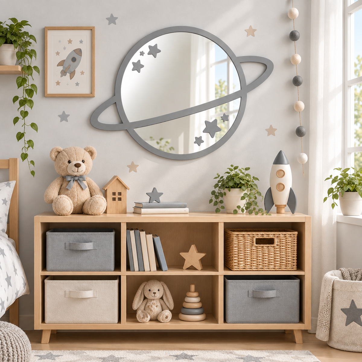 Specchio Pianeta con Stelle per Cameretta Bambini in Legno e Plexiglas – 51,5×36,5 cm
