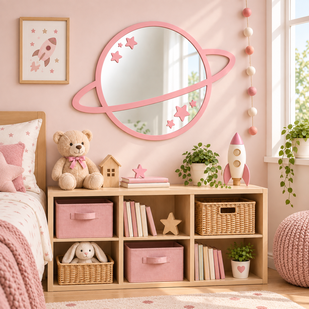 Specchio Pianeta con Stelle per Cameretta Bambini in Legno e Plexiglas – 51,5×36,5 cm