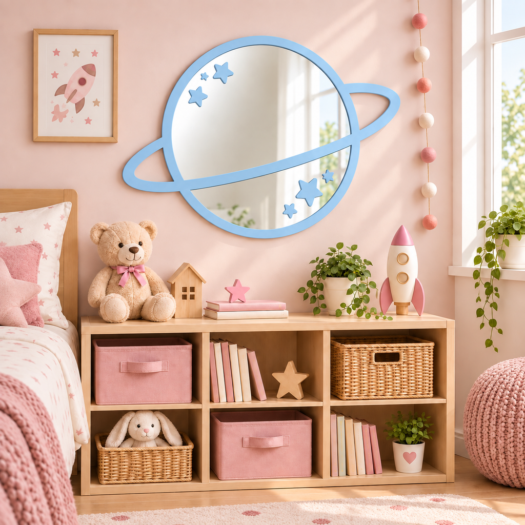 Specchio Pianeta con Stelle per Cameretta Bambini in Legno e Plexiglas – 51,5×36,5 cm