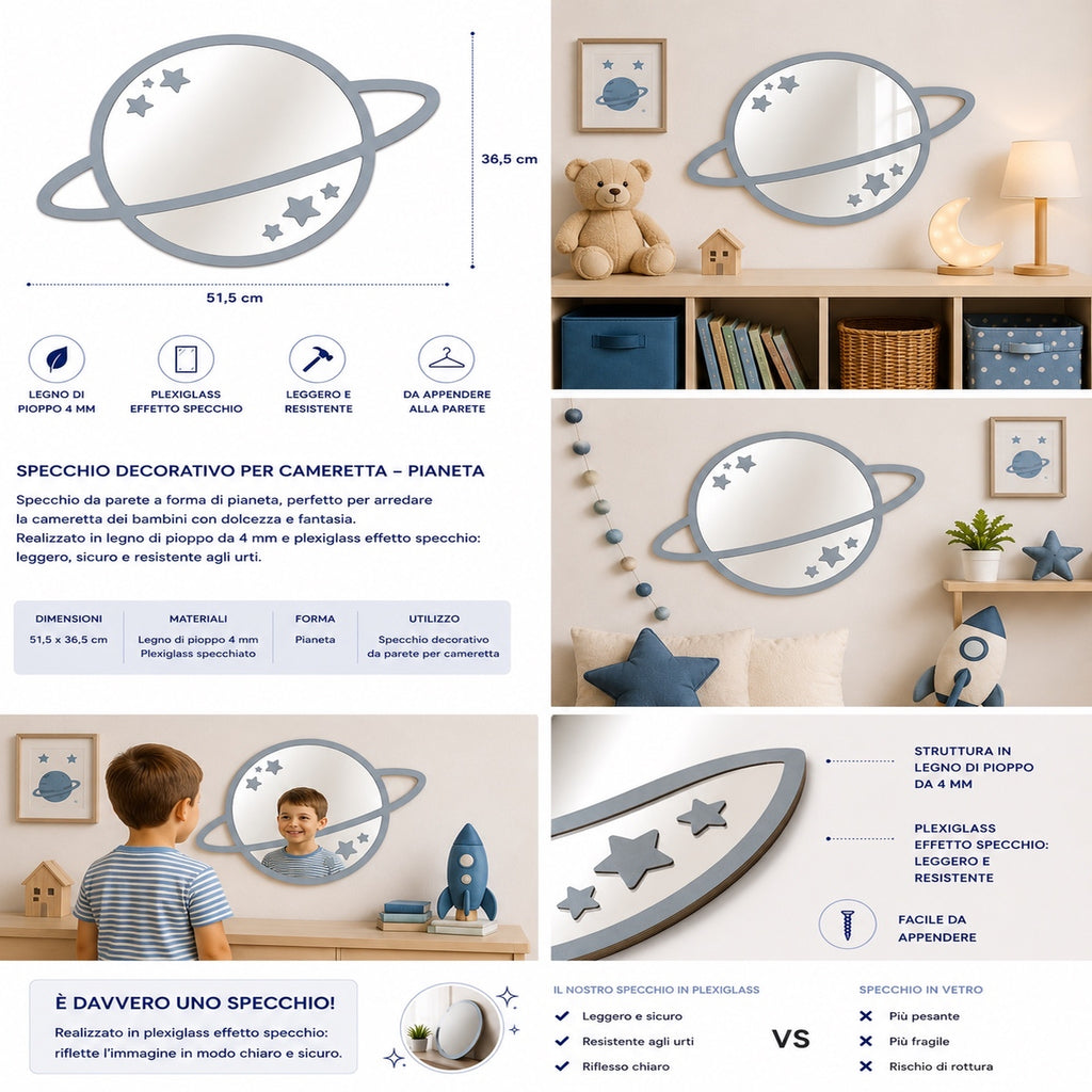 Specchio Pianeta con Stelle per Cameretta Bambini in Legno e Plexiglas – 51,5×36,5 cm
