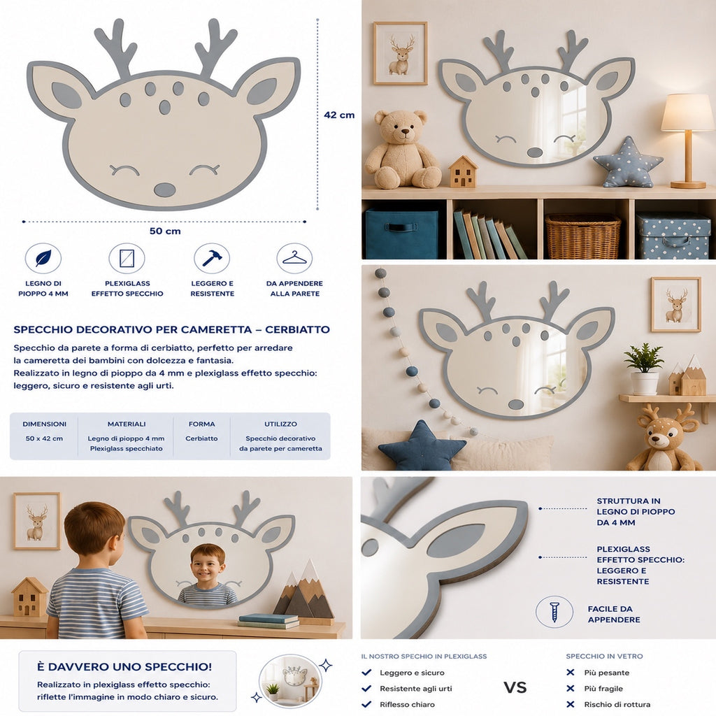 Specchio Cerbiatto per Cameretta Bambini in Legno e Plexiglas – 50×42 cm