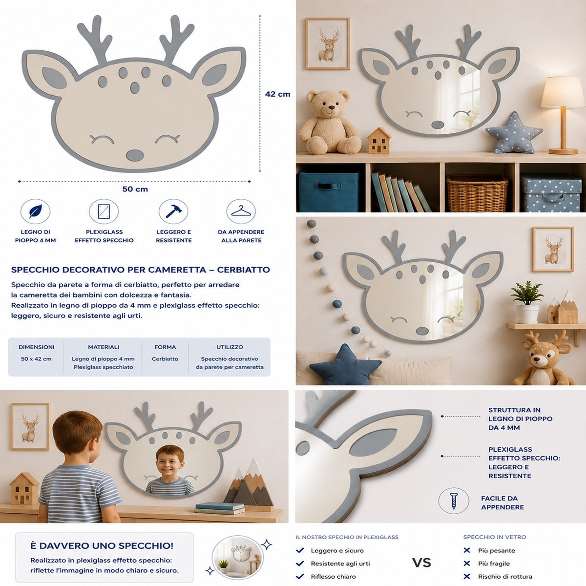 Specchio Cerbiatto per Cameretta Bambini in Legno e Plexiglas – 50×42 cm