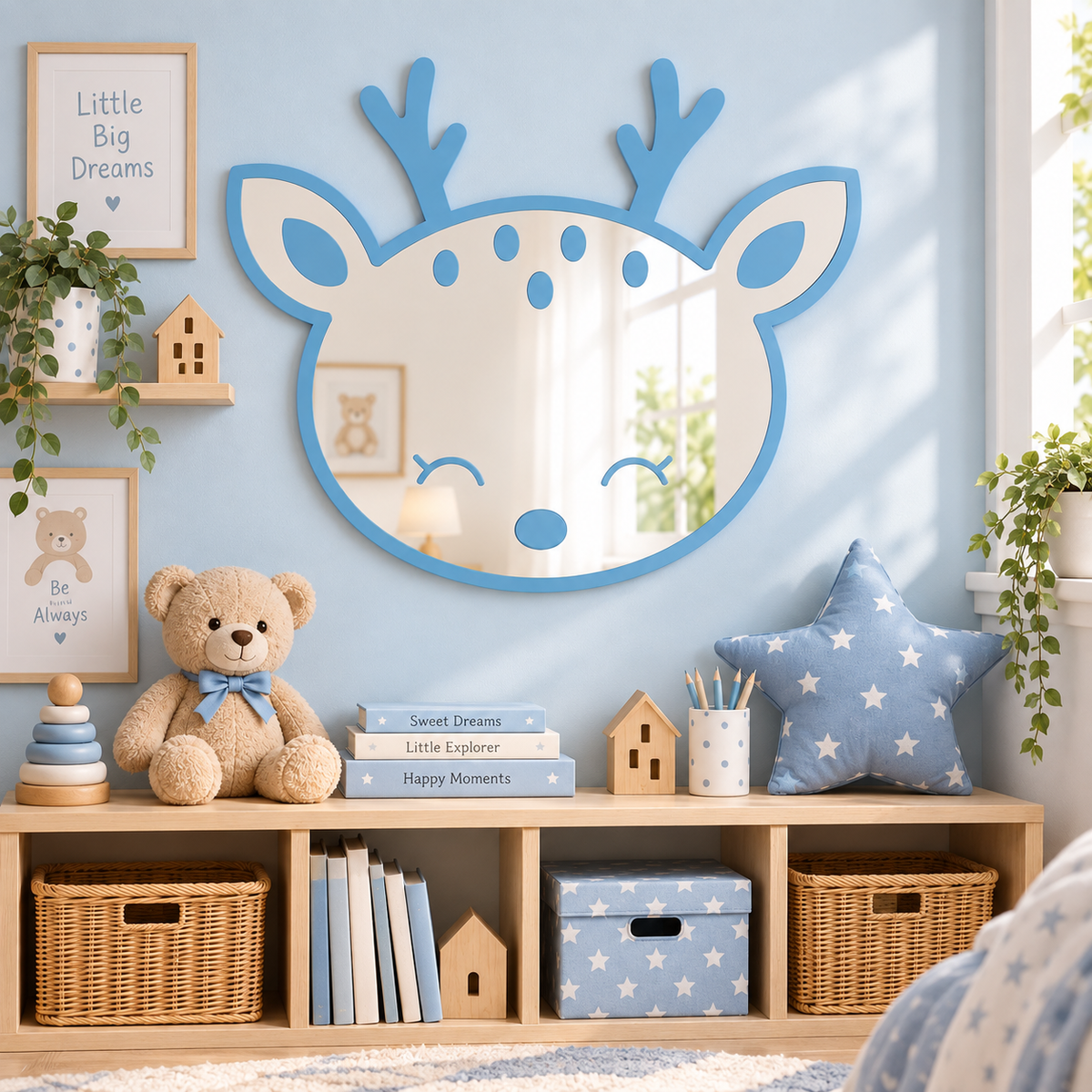 Specchio Cerbiatto per Cameretta Bambini in Legno e Plexiglas – 50×42 cm