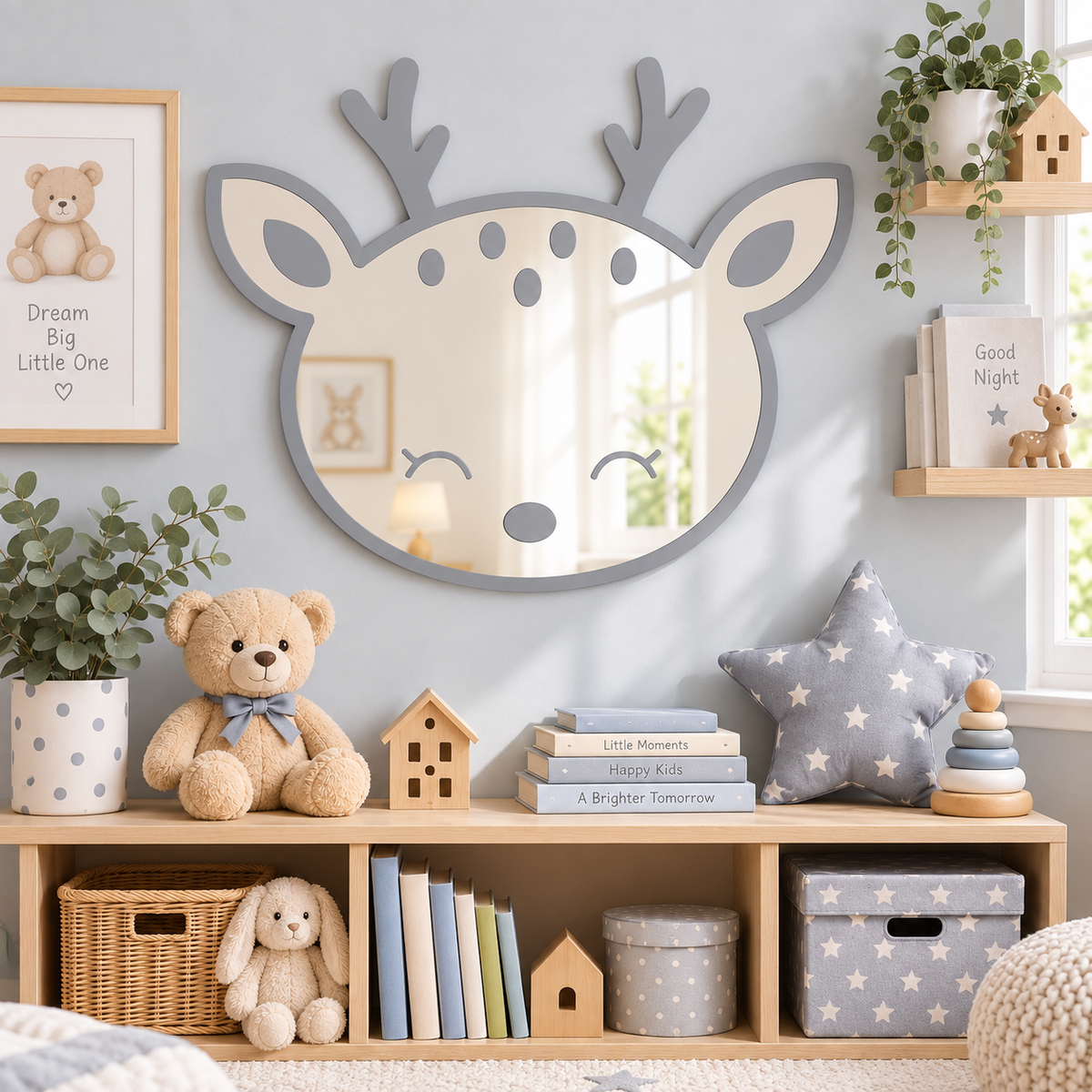 Specchio Cerbiatto per Cameretta Bambini in Legno e Plexiglas – 50×42 cm