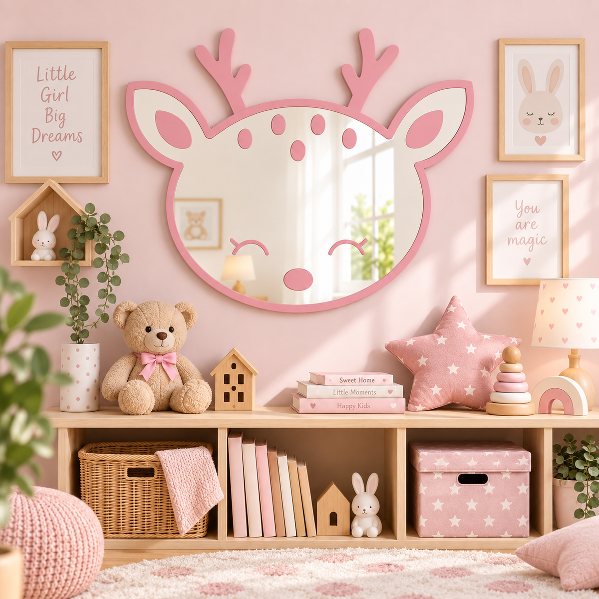 Specchio Cerbiatto per Cameretta Bambini in Legno e Plexiglas – 50×42 cm