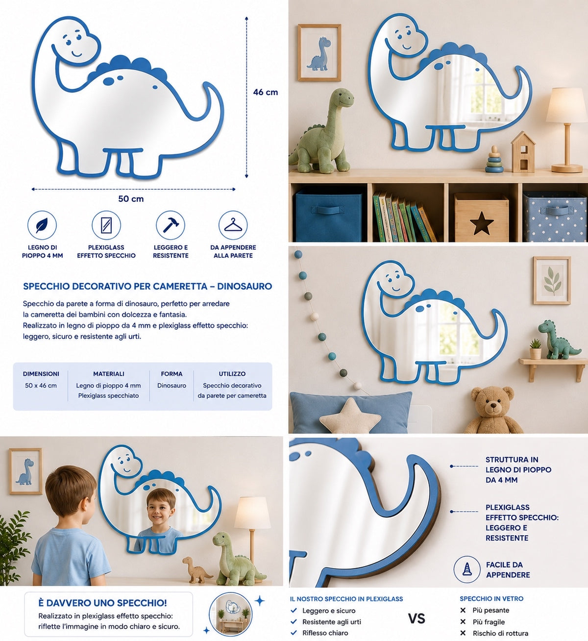 Specchio Dinosauro per Cameretta Bambini in Legno e Plexiglas – 50×46 cm