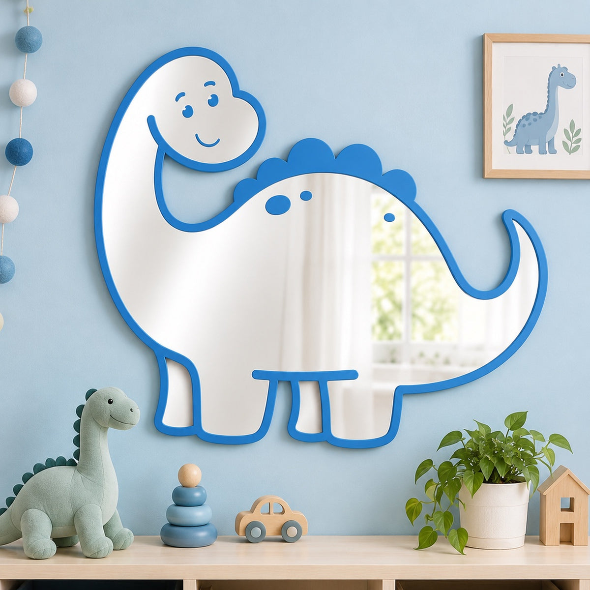 Specchio Dinosauro per Cameretta Bambini in Legno e Plexiglas – 50×46 cm