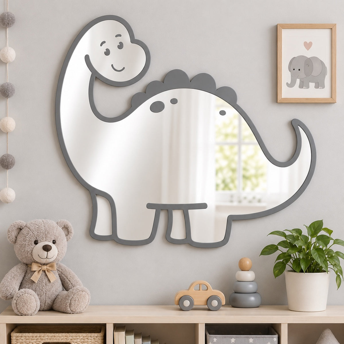 Specchio Dinosauro per Cameretta Bambini in Legno e Plexiglas – 50×46 cm