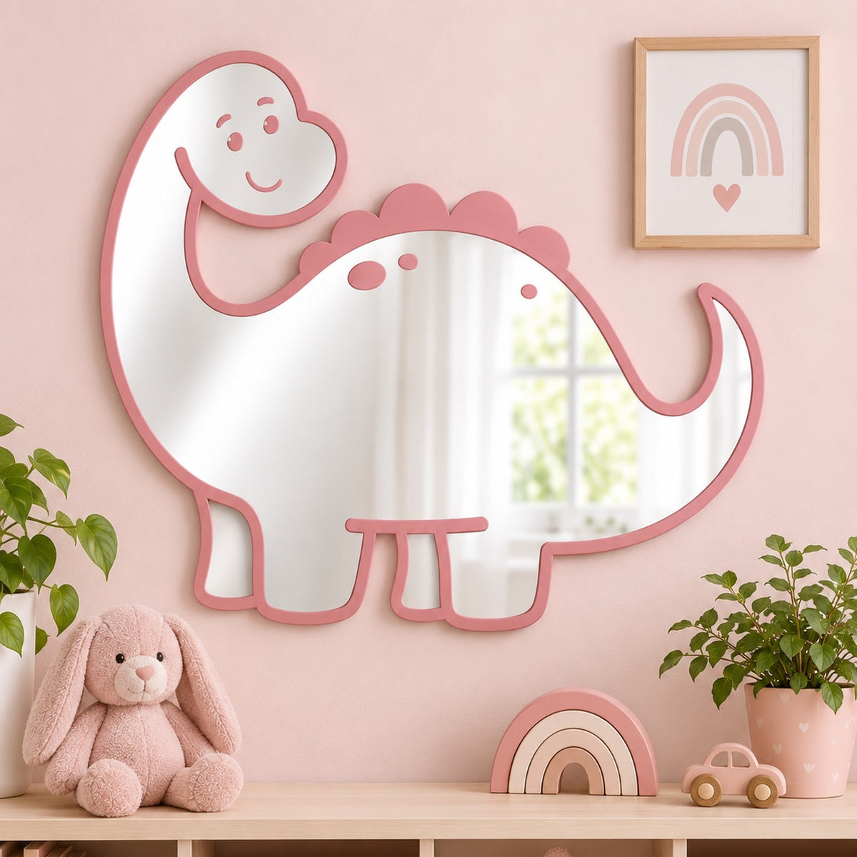 Specchio Dinosauro per Cameretta Bambini in Legno e Plexiglas – 50×46 cm