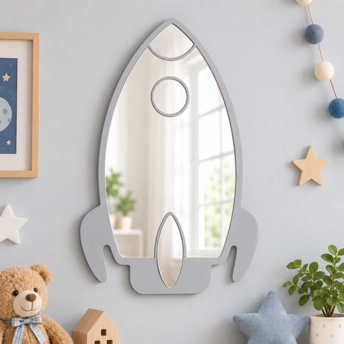 Specchio Razzo per Cameretta Bambini in Legno – 35×50 cm