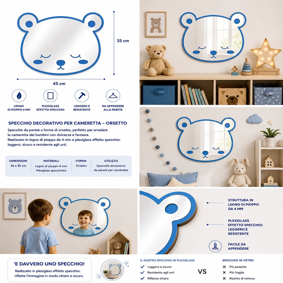 Specchio Orsetto per Cameretta Bambini in Legno e Plexiglas – 45×35 cm
