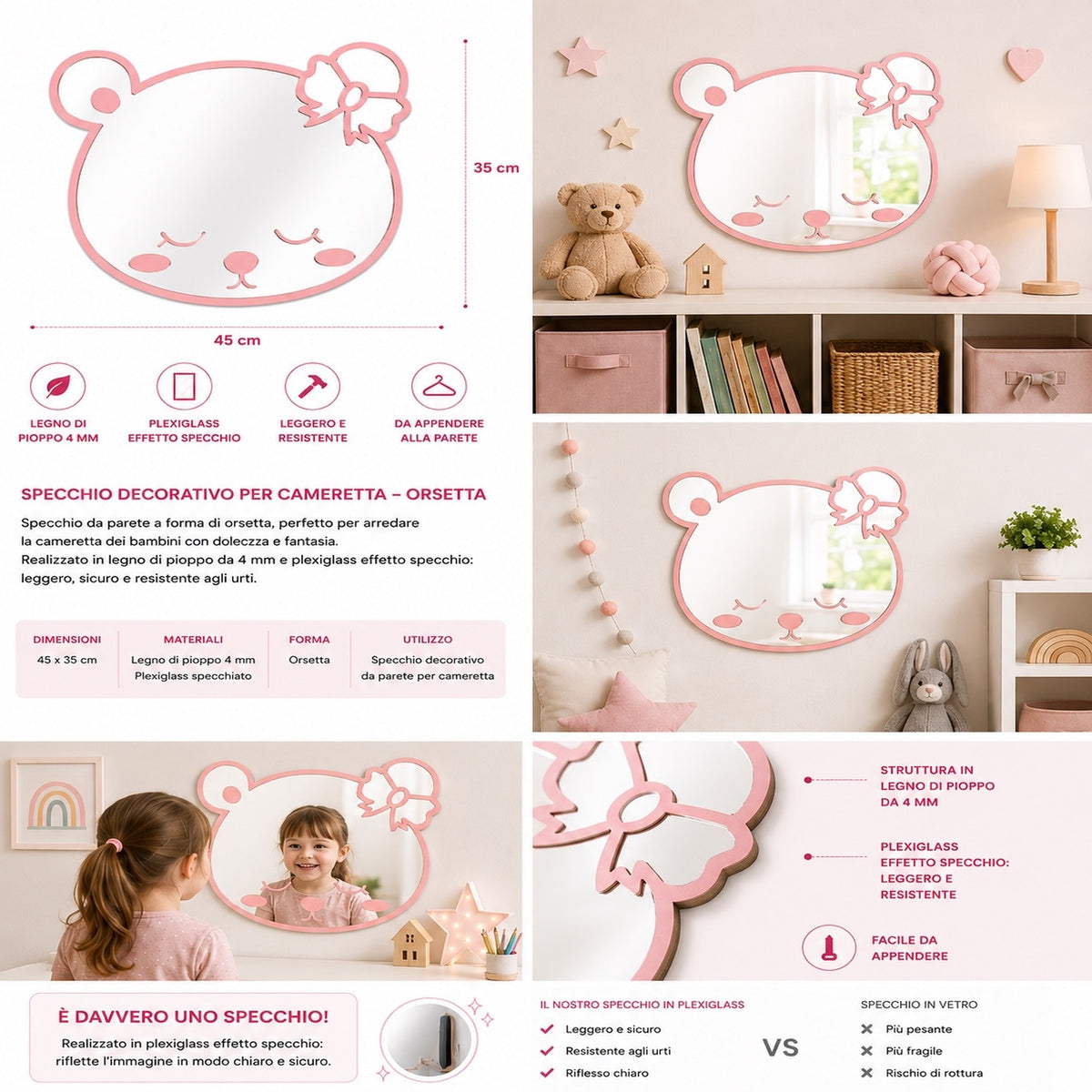 Specchio Orsetta con Fiocchetto per Cameretta Bambini – 45×35 cm