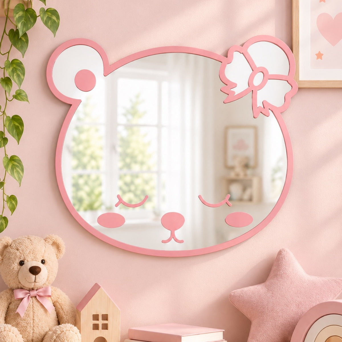 Specchio Orsetta con Fiocchetto per Cameretta Bambini – 45×35 cm