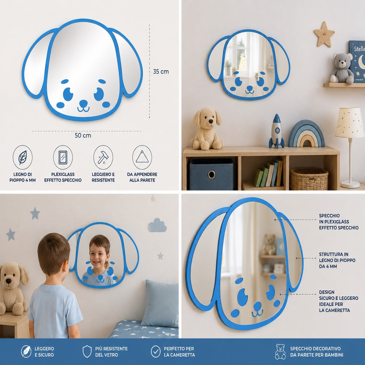 Specchio Cagnolino per Cameretta Bambini in Legno – 50×35 cm