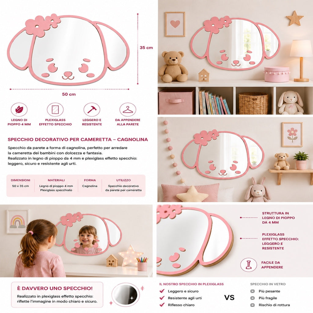 Specchio Cagnolina per Cameretta Bambini in Legno – 50×35 cm