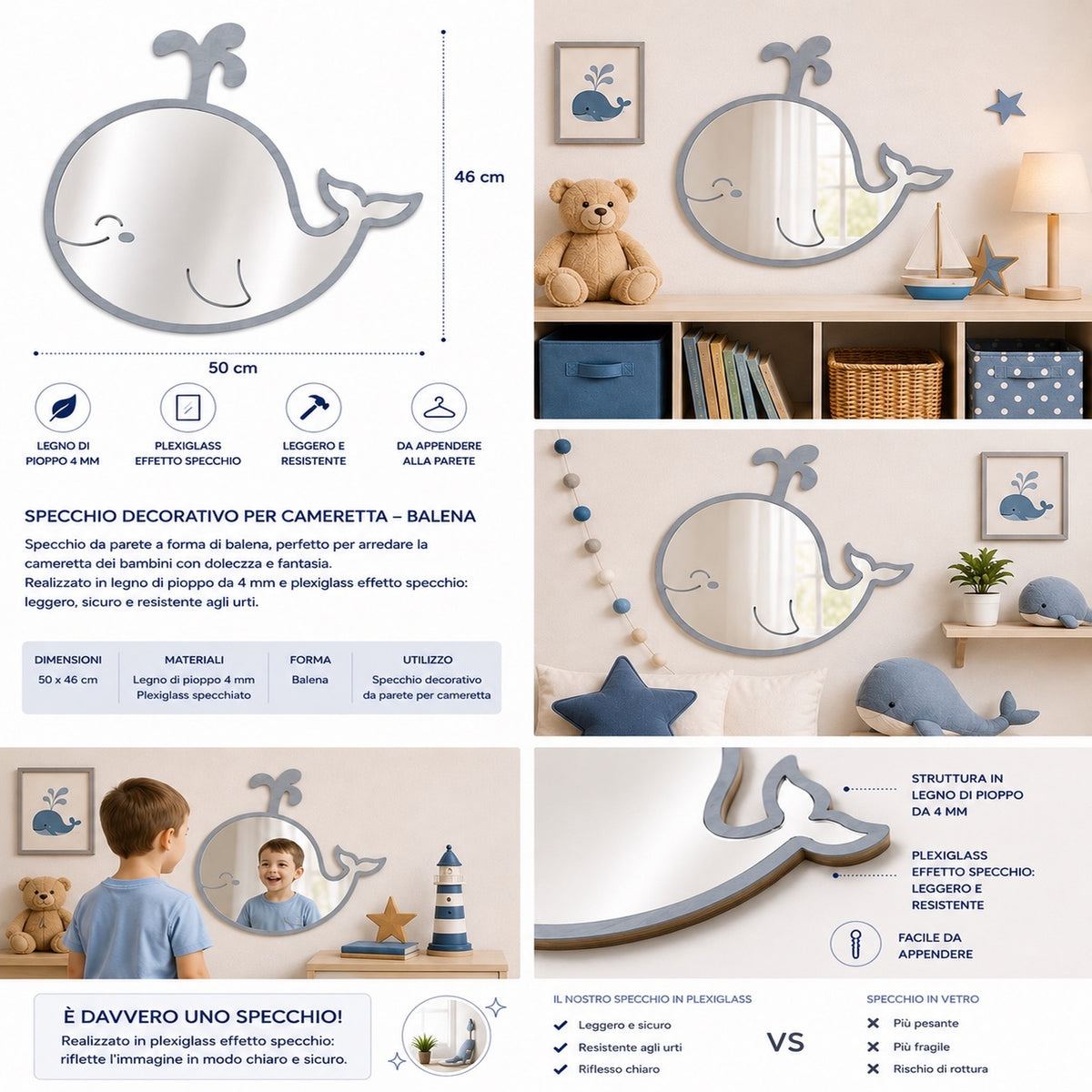 Specchio Delfino per Cameretta Bambini in Legno – 50×46 cm