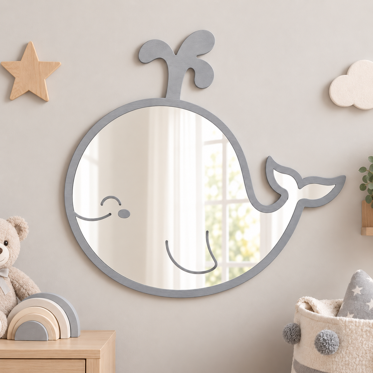 Specchio Delfino per Cameretta Bambini in Legno – 50×46 cm