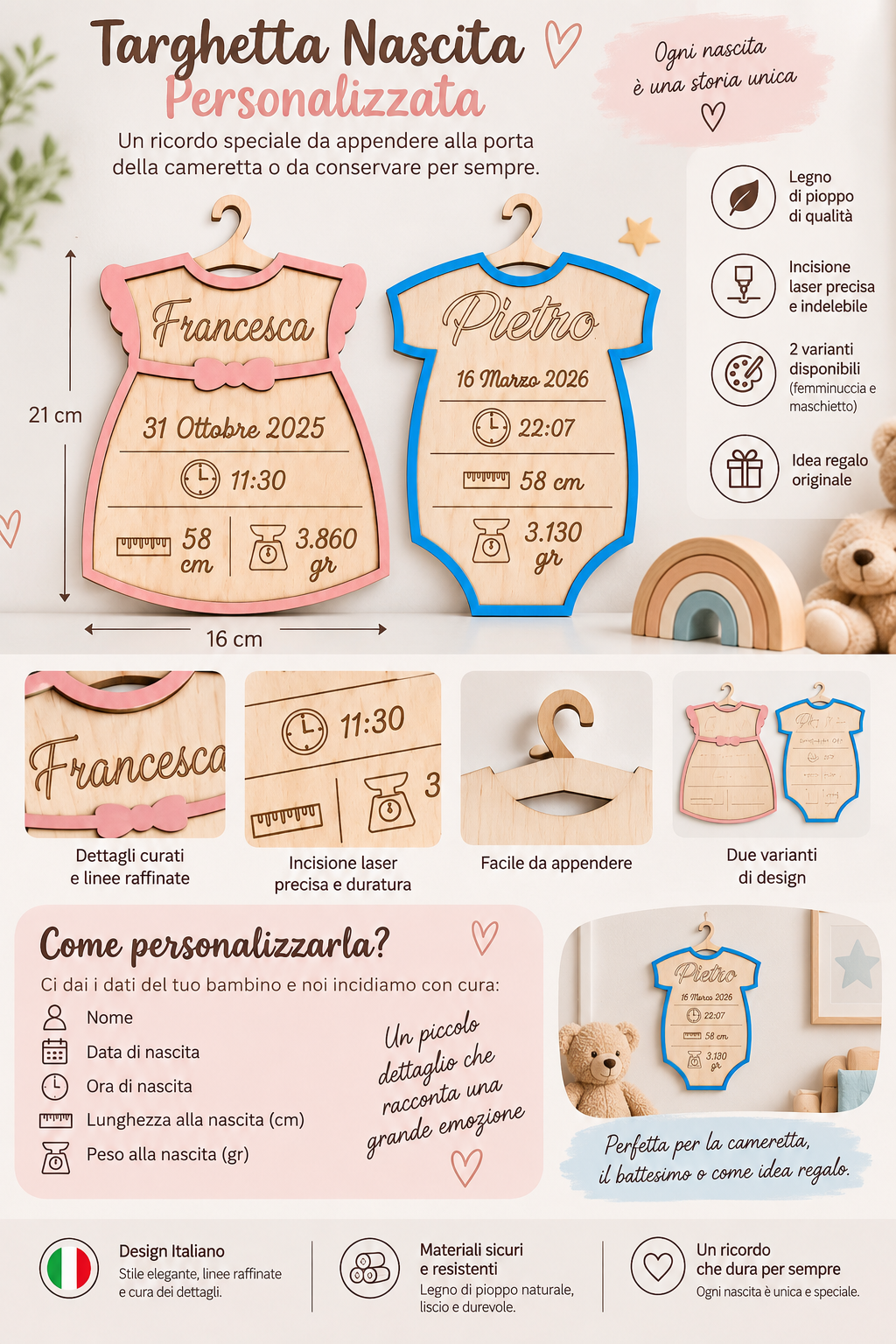Targhetta Nascita Personalizzata in Legno – Tutina con Nome e Dati Nascita