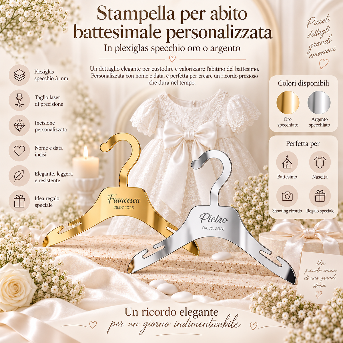 Stampella Battesimale Personalizzata in Plexiglass Specchiato – Oro o Argento