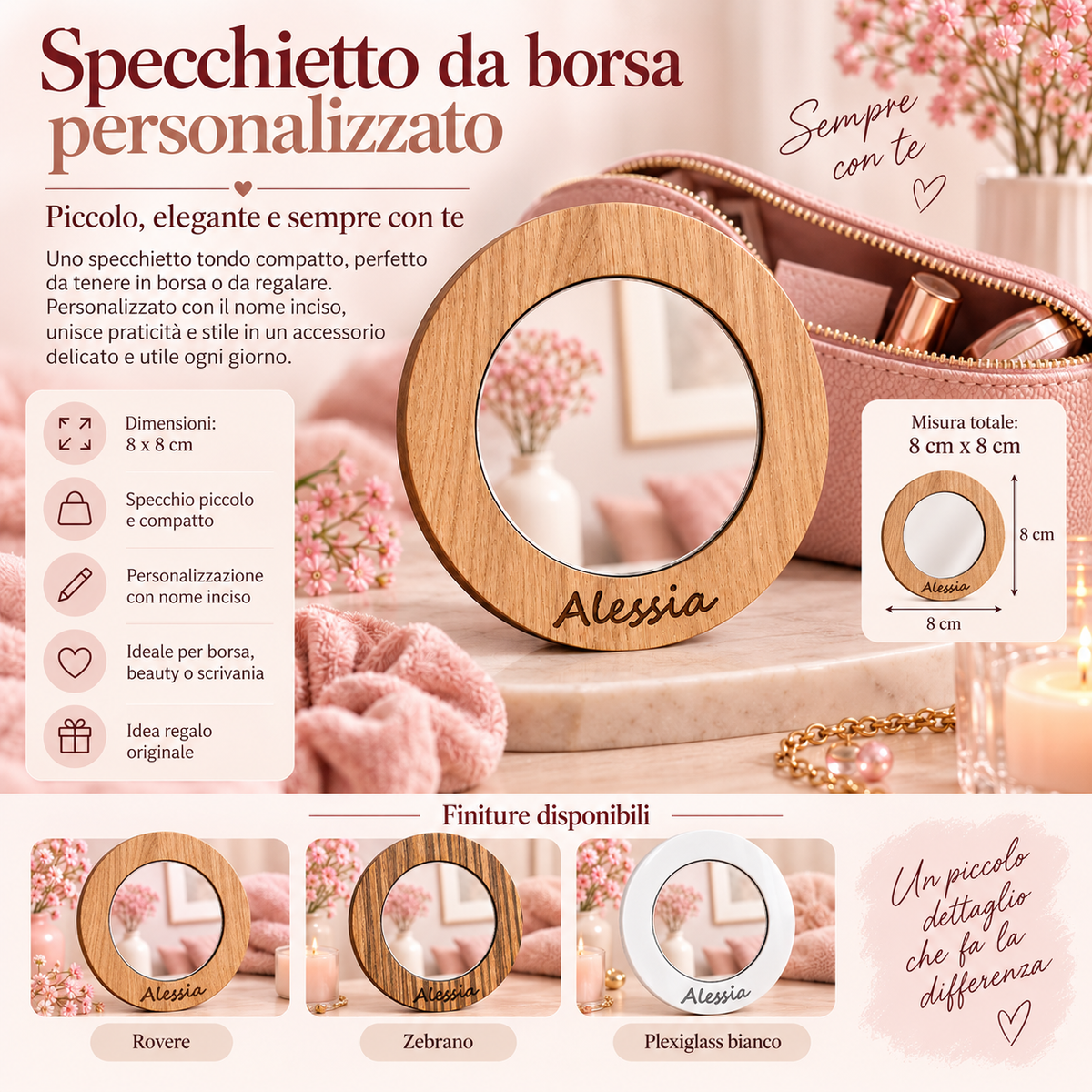 Specchietto da Borsa Personalizzato con Nome – Legno o Plexiglass