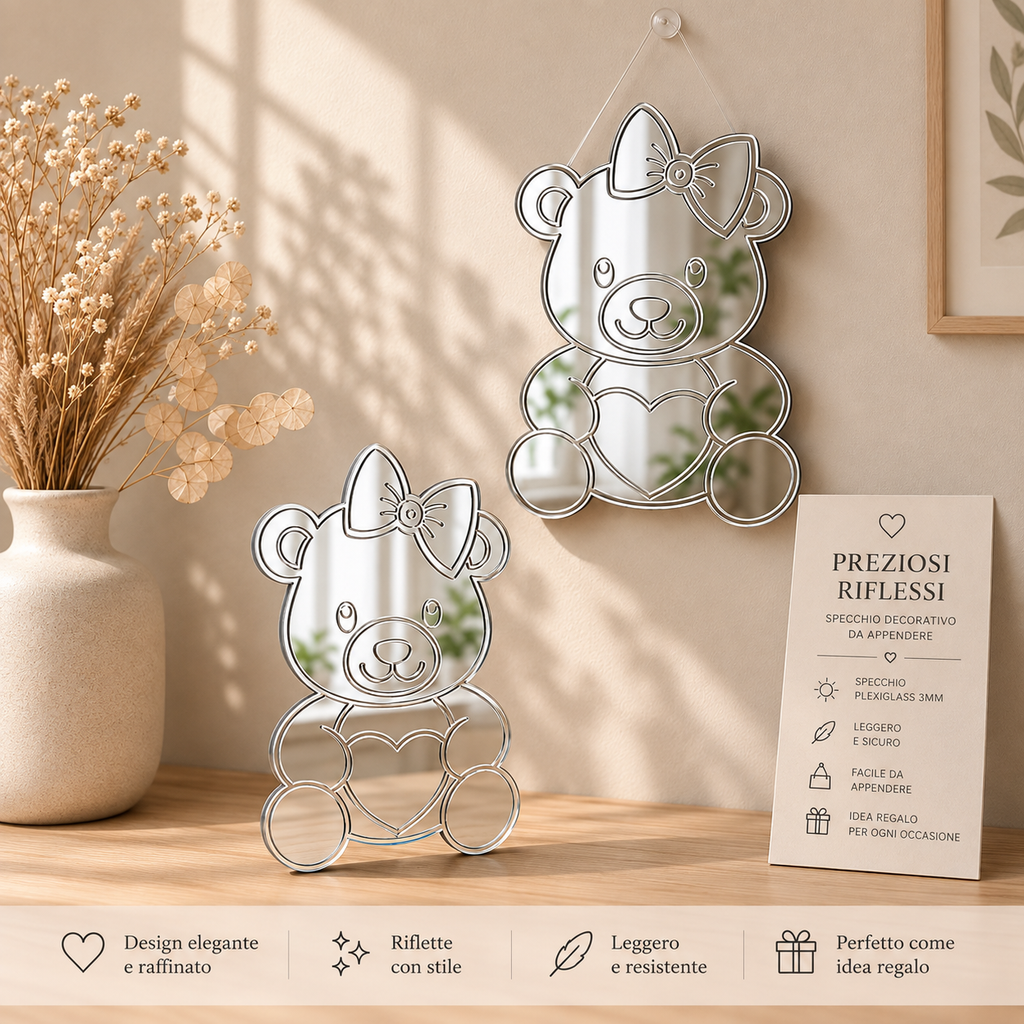 Specchio Decorativo Orsetta in Plexiglass Specchiato Oro o Argento – 14×20 cm