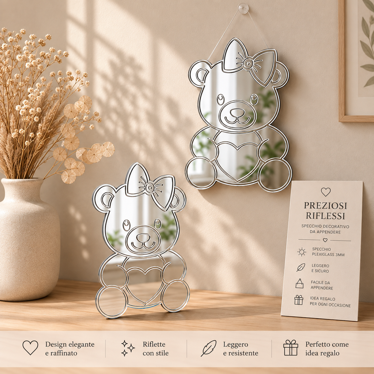 Specchio Decorativo Orsetta in Plexiglass Specchiato Oro o Argento – 14×20 cm