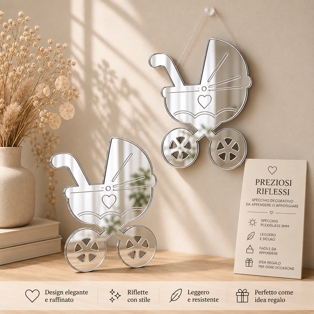 Specchio Decorativo Carrozzina in Plexiglass Specchiato – Oro e Argento