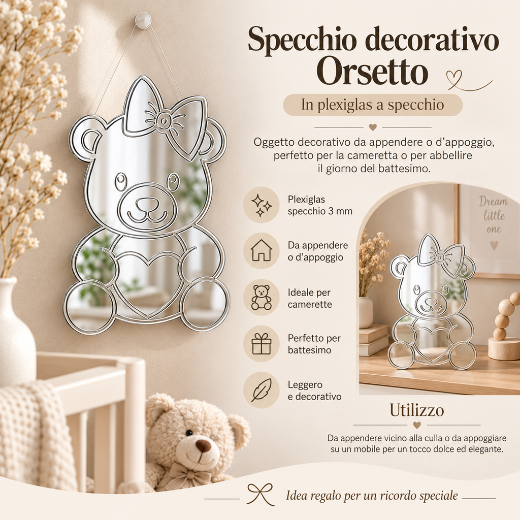 Specchio Decorativo Orsetta in Plexiglass Specchiato Oro o Argento – 14×20 cm