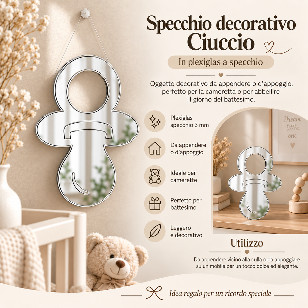Specchio Decorativo Ciuccio in Plexiglass Specchiato – Oro e Argento
