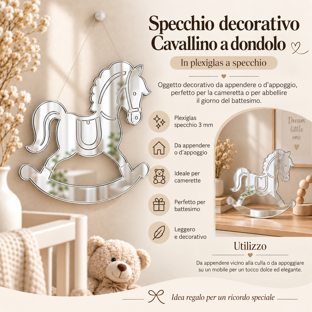 Specchio Decorativo Cavallino a Dondolo in Plexiglass Specchiato