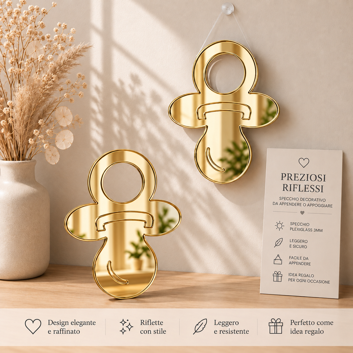 Specchio Decorativo Ciuccio in Plexiglass Specchiato – Oro e Argento