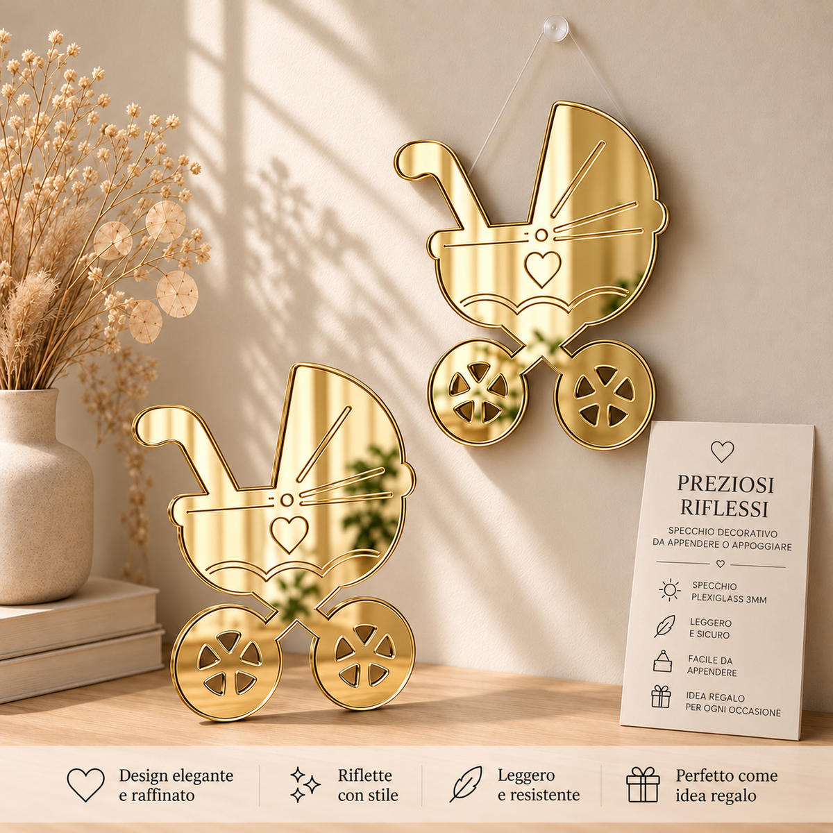 Specchio Decorativo Carrozzina in Plexiglass Specchiato – Oro e Argento